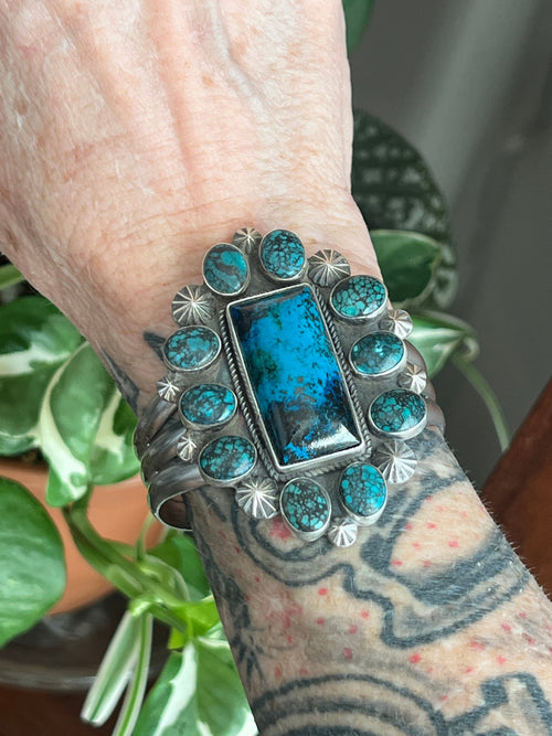 Apache Sterling Silver, Hubei Turquoise and Chrysocolla Azurite Cuff Bracelet by Rosella Paxson