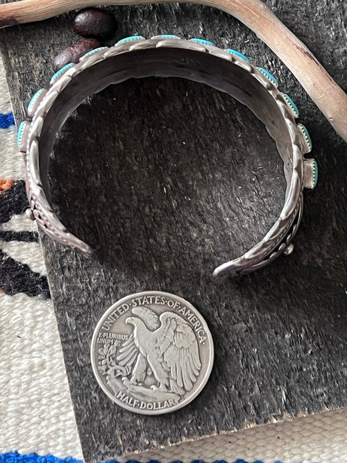 Estate Collection Vintage Sterling Silver and Kingman Turquoise Row Cuff by James Martin