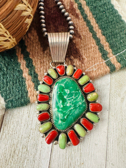 Old Pawn Vintage Navajo Multi Stone & Sterling Silver Cluster Pendant by Harley Jake