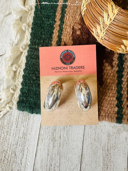 Navajo Hand Stamped Sterling Silver Hoop Earrings