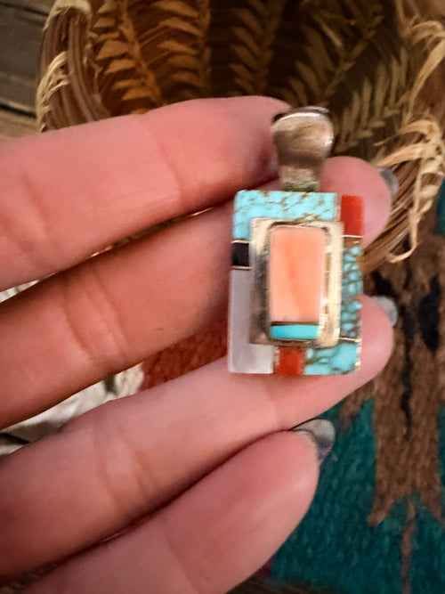 Old Pawn Handcrafted Multi Stone & Sterling Silver Inlay Pendant