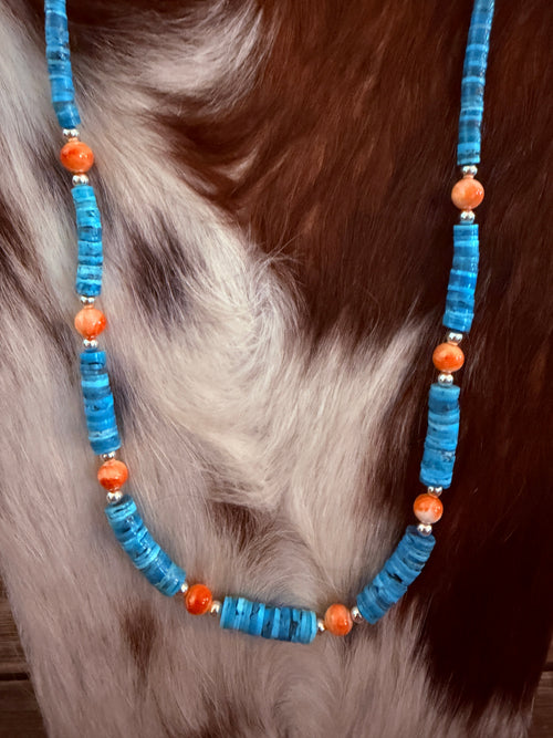 Handcrafted Turquoise, Spiny & Sterling Silver Pearl 22” Beaded Necklace
