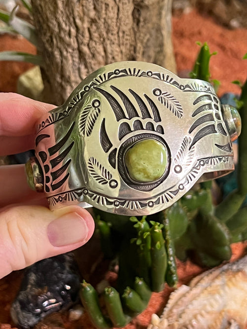 Old Pawn Navajo Sterling Silver and Royston Turquoise Overlay Bear Paw Cuff Bracelet by Charlie Bowie