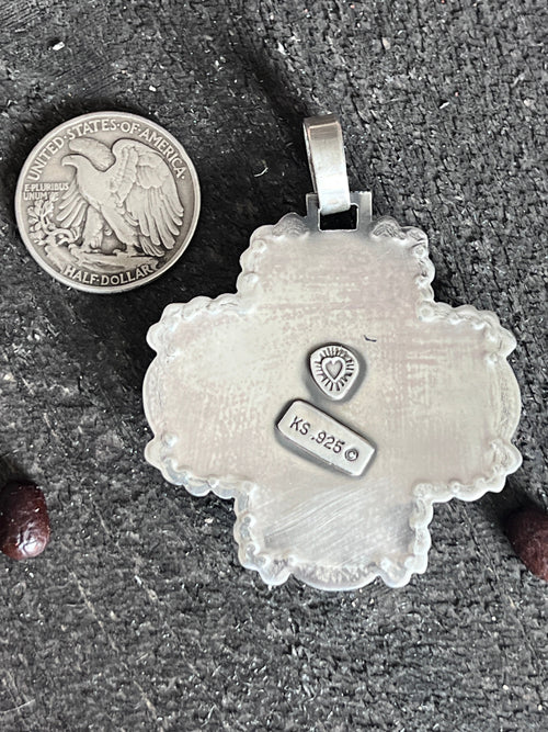 Hand Stamped Sterling Silver & Black Marble Santa Fe Cross Pendant by Kimari Somers