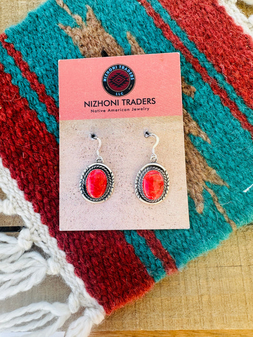 Navajo Sterling Silver Apple Coral Dangle Earrings