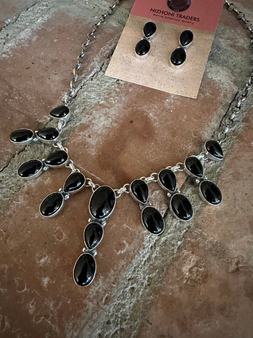 Handcrafted Sterling Silver & Black Onyx Necklace and Earring Set by Lucian Koinva