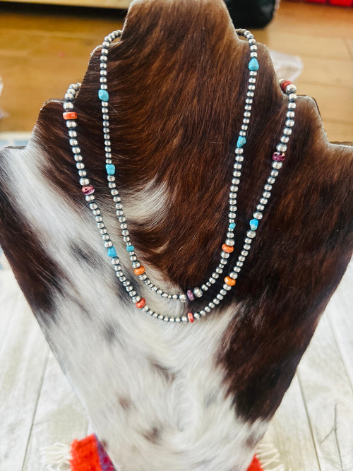 Navajo Sterling Silver, Spiny Oyster & Turquoise Beaded Necklace