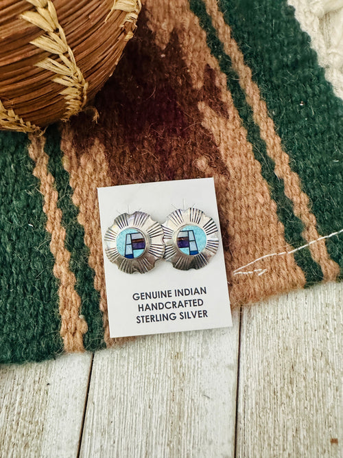Old Pawn Navajo Sterling Silver & Multi Stone Inlay Post Earrings by Gary Arviso