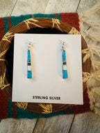 Navajo Sterling Silver & Multi Stone Inlay Dangle Earrings