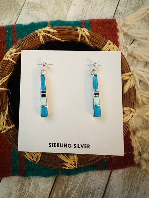 Navajo Sterling Silver & Multi Stone Inlay Dangle Earrings