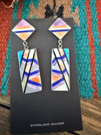 Old Pawn Handcrafted Sterling Silver & Multi Stone Inlay Dangle Earrings