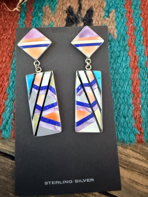 Old Pawn Handcrafted Sterling Silver & Multi Stone Inlay Dangle Earrings
