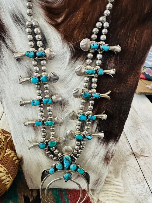 Old Pawn Handcrafted Turquoise & Sterling Silver Squash Blossom Necklace