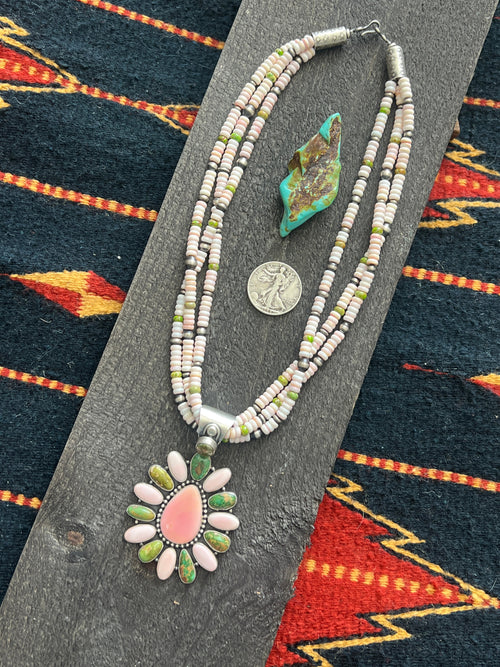 Navajo Sonoran Gold Turquoise, Sterling Silver and Pink Conch Cluster Pendant w/ Beaded Multistrand Necklace by Patrick Yazzie
