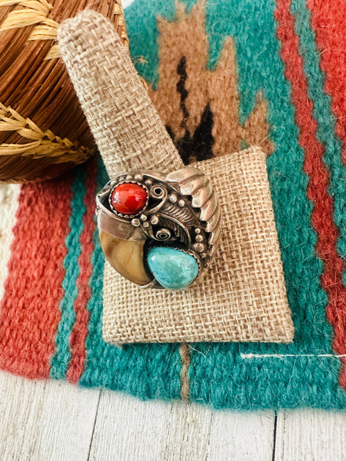 Old Pawn Navajo Sterling Silver, Turquoise & Coral Ring Size 11.5