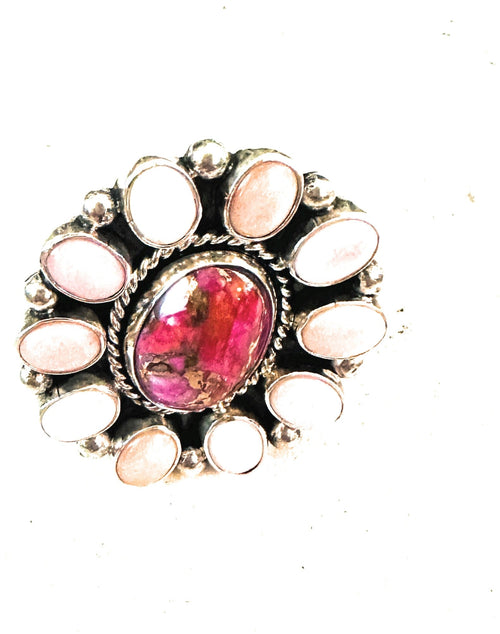 Navajo Sterling Silver, Queen Pink Conch & Pink Dream Cluster Adjustable Ring