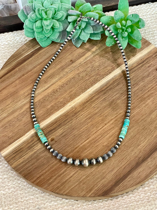 Handmade Sterling Silver with Kingman Turquoise Beaded Necklace with Signed Nizhoni