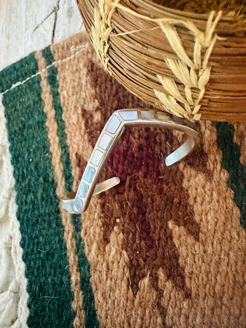 Old Pawn Navajo Mother of Pearl & Sterling Silver Inlay Cuff Bracelet