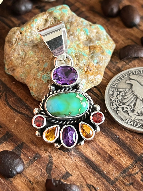 Navajo Made Sterling Silver Gems & Jewels Petite Cluster Pendant by Lucy Jake