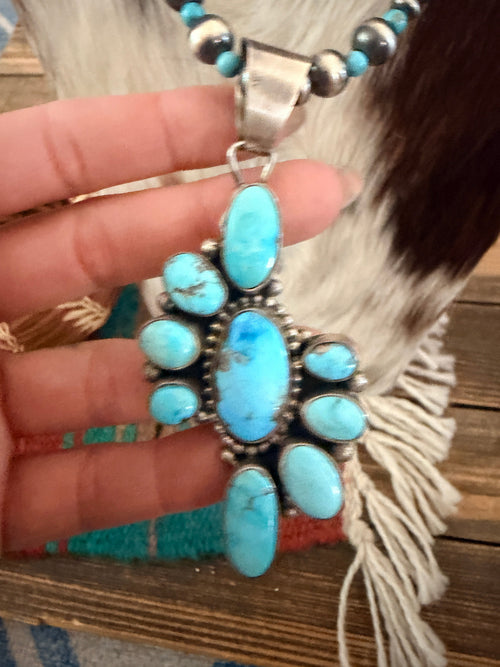 Handcrafted Turquoise & Sterling Silver Cluster Beaded Necklace by Sheila Becenti
