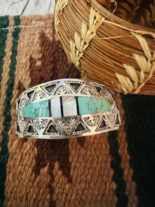 Old Pawn Navajo Turquoise, Mother of Pearl & Sterling Silver Inlay Cuff Bracelet