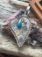 Kimari Somers Hand Stamped Sterling Silver, Brass & Turquoise Queen of Hearts Pendant