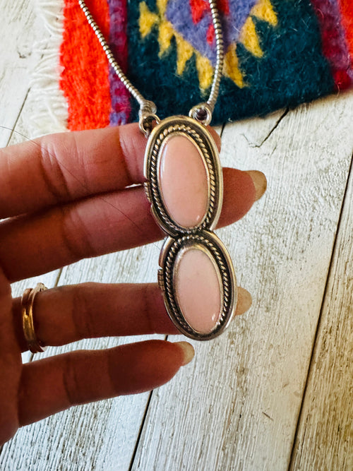 Navajo 2 Stone Queen Pink Conch & Sterling Silver Pearl Beaded Necklace