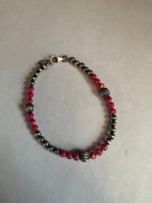 Handmade Dark Pink Fire Opal & Sterling Silver Beaded Bracelet