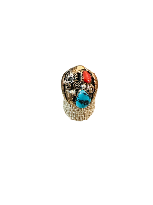 Old Pawn Navajo Sterling Silver with Gold Overlay, Turquoise & Coral Ring Size 10.75