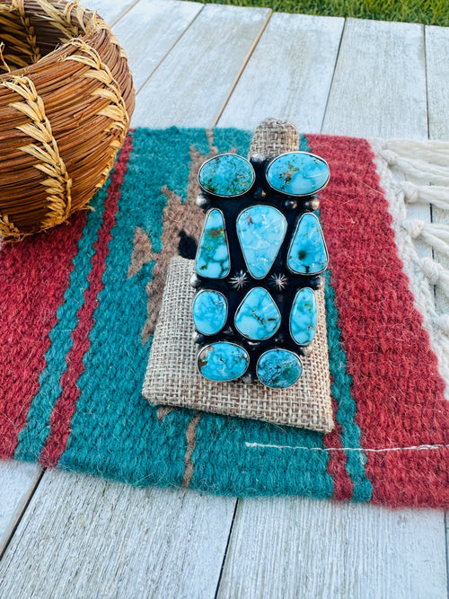 Old Pawn Handcrafted Turquoise & Sterling Silver Cluster Ring Size 9 by Travis James