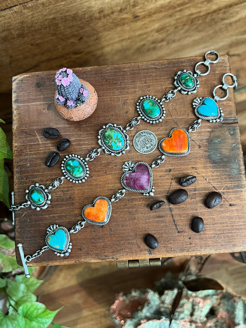 Diane Wylie Handcrafted Sterling Silver, Spiny Oyster & Turquoise Link Bracelets