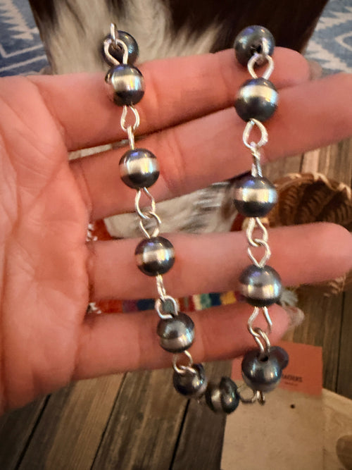 Handcrafted 8mm Sterling Silver Pearl Beaded Rosary Style Necklace 20”