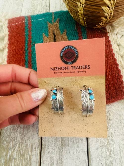 Navajo Turquoise & Sterling Silver Hoop Feather Earrings