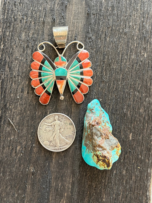 Vintage Zuni Sterling Silver, Turquoise, Spiny Oyster Shell and Jet Inlay Butterfly Pendant by Sara Edaakie
