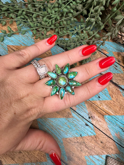 Beautiful Handmade Sonoran Mountain Turquoise And Sterling Silver Cluster Adjustable Ring