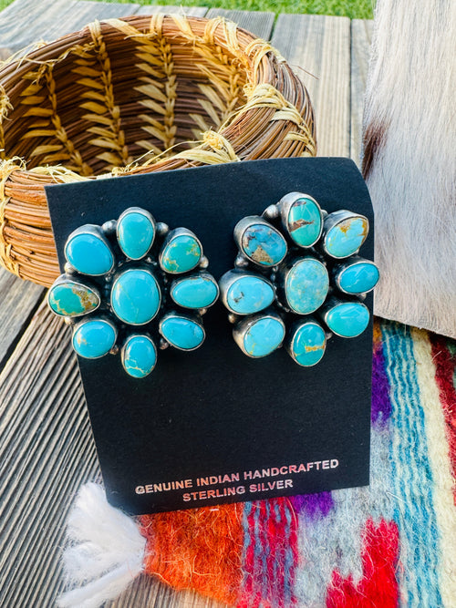 Handcrafted Turquoise & Sterling Silver Squash Blossom Necklace and Earring Set by Blaine Yellowhorse