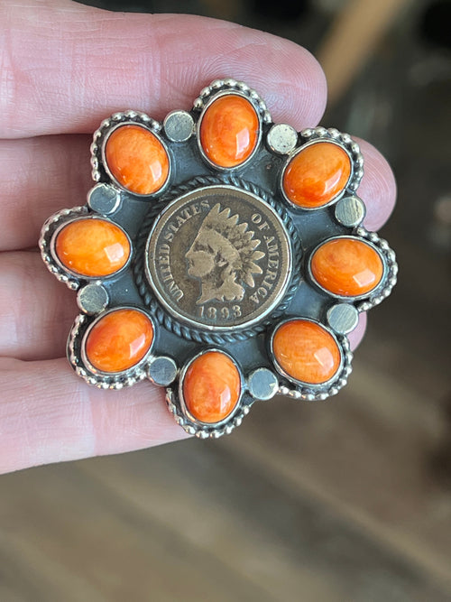 Apache Sterling Silver, Indian Head Penny and Spiny Oyster Shell Cluster Ring by Rosella Paxson, Size 9
