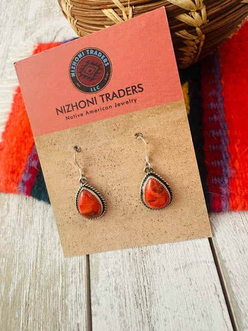 Navajo Sterling Silver Apple Coral Dangle Earrings