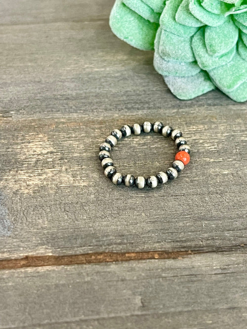 VENICE Handmade Sterling Silver Navajo Pearl Style Coral Beaded Stretch Ring