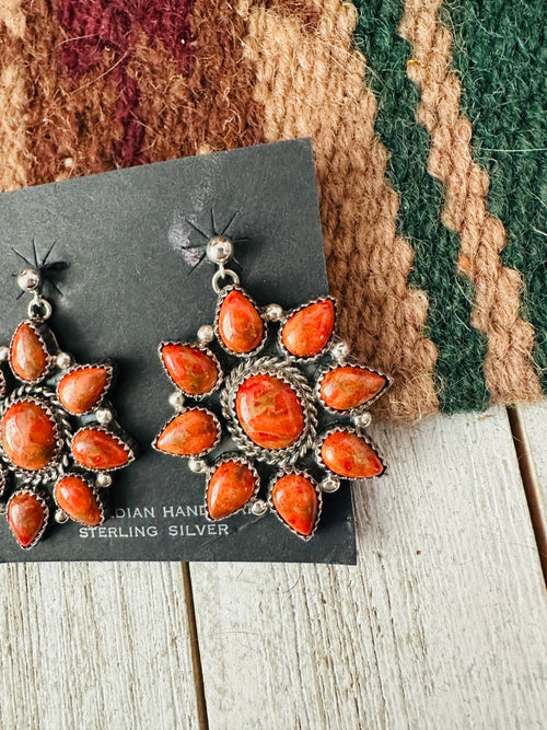 Navajo Sterling Silver Apple Coral Cluster Dangle Earrings