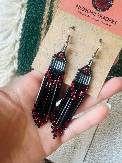 Navajo Black & Red Multicolor Beaded Dangle Earrings