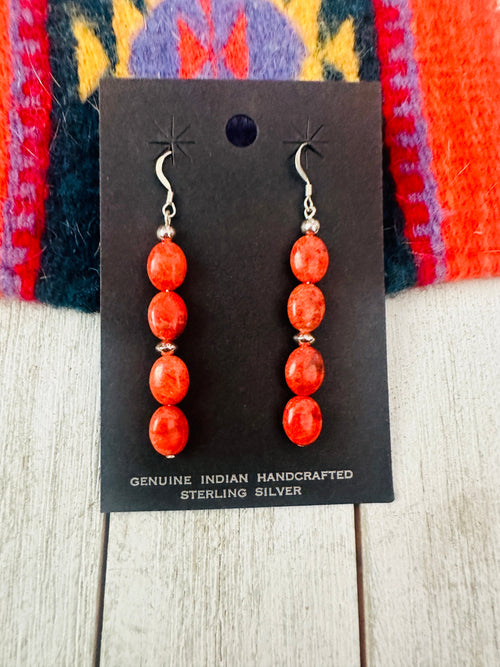 Navajo Sterling Silver Apple Coral Beaded Dangle Earrings