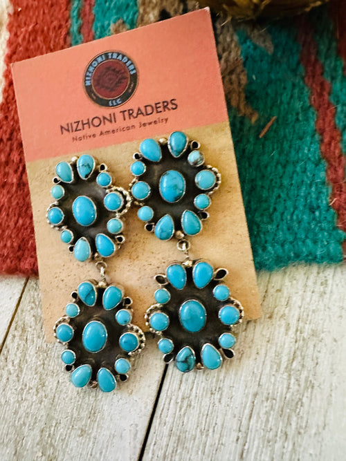 Navajo Sterling Silver & Sleeping Beauty Turquoise Cluster Dangle Earrings by Eula Wylie