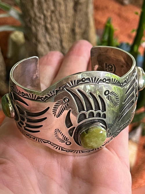 Old Pawn Navajo Sterling Silver and Royston Turquoise Overlay Bear Paw Cuff Bracelet by Charlie Bowie