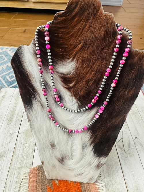 Navajo Sterling Silver & Pink Mojave Beaded Necklace