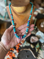 Ronald Chavez Handcrafted Turquoise Heishi Beaded Santo Domingo Necklace with Layered Barrel Bead Accents