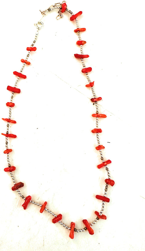 Navajo Coral & Sterling Silver Pearl Beaded Necklace