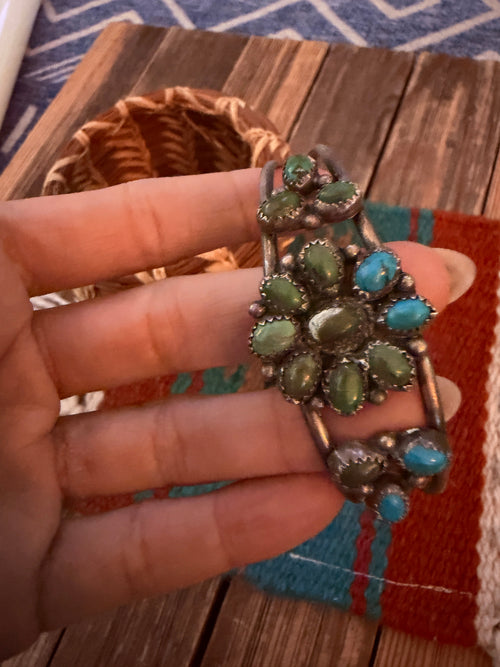 Handcrafted Old Pawn Sterling Silver & Turquoise Cluster Cuff Bracelet
