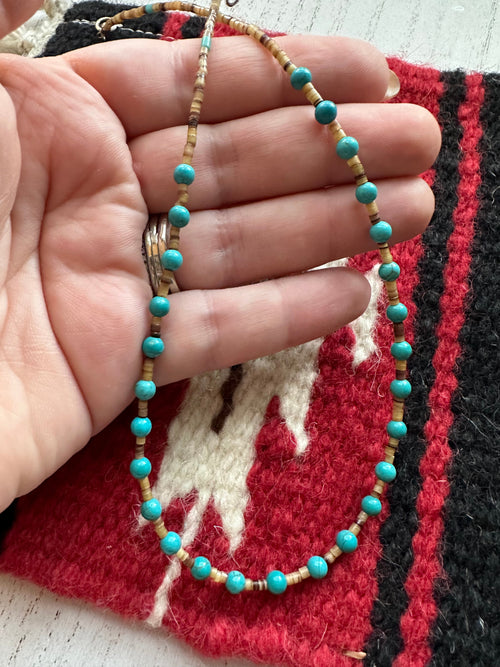 Navajo Turquoise And Heishi  Beaded Necklace 16”