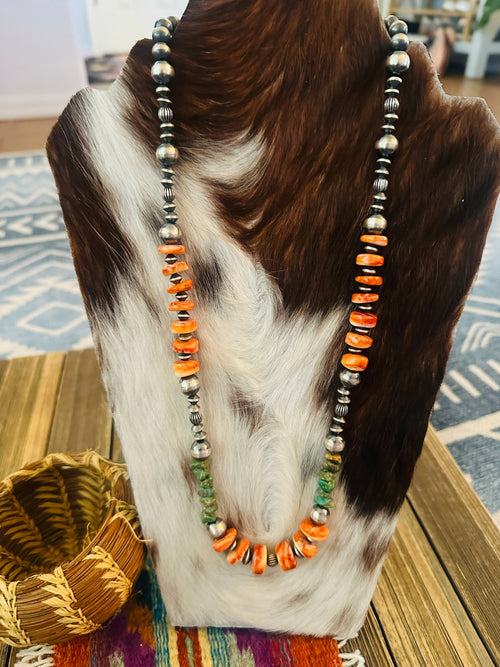 Handcrafted Spiny, Turquoise & Sterling Silver 24” Beaded Necklace by Chimney Butte